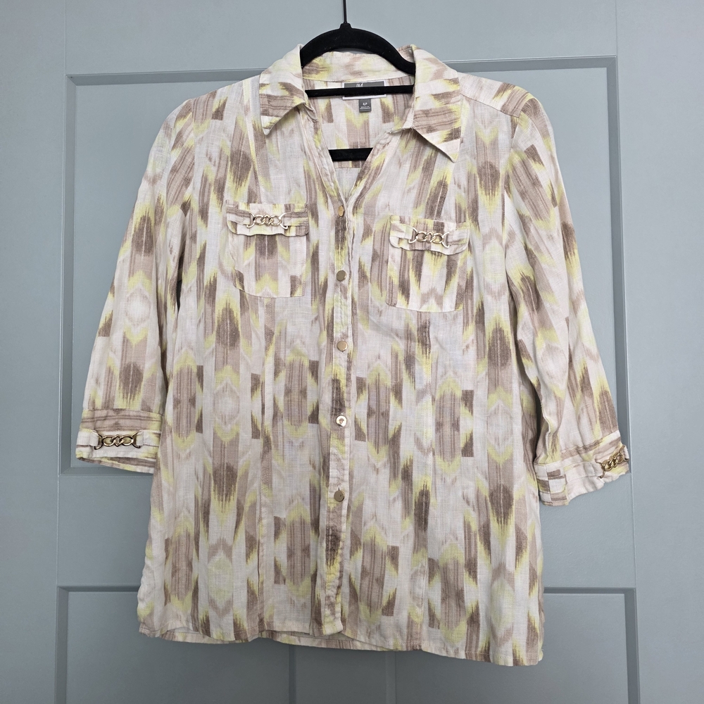 JM Collection 100% Linen Petite Button Up Blouse Neutral Lightweight Top